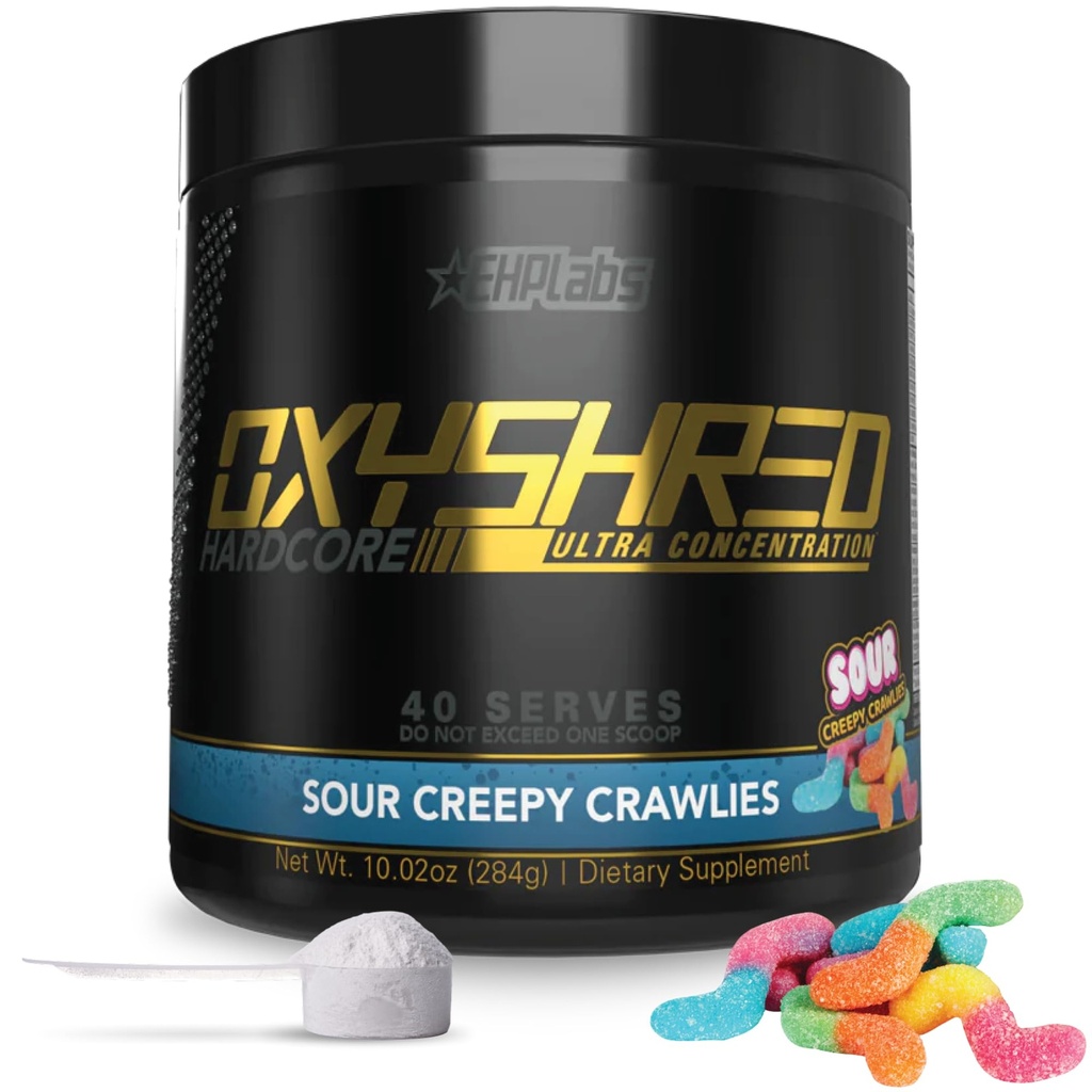 EHP Labs OxyShred 하드 코어 슈퍼 Dosed Pre 운동 분말 - L 글루타민과 Preworkout 분말 & Acetyl L 카르니틴, 에너지 부스트 음료 - Caffeine의 275mg - Sour Crawlies, 40 서빙
