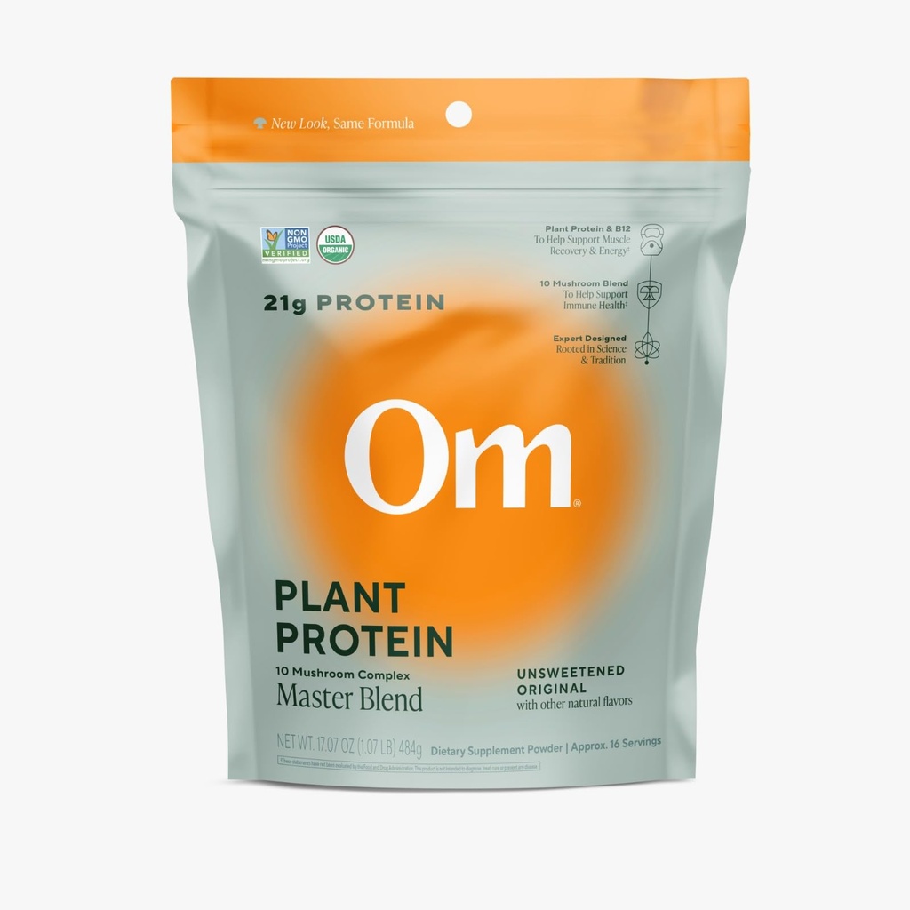 OM MUSHROOM SUPERFOOD 마스터 블렌드 플랜트 기반 단백질 분말 (Resealable Bag (16 서빙), Unflavored Protein)