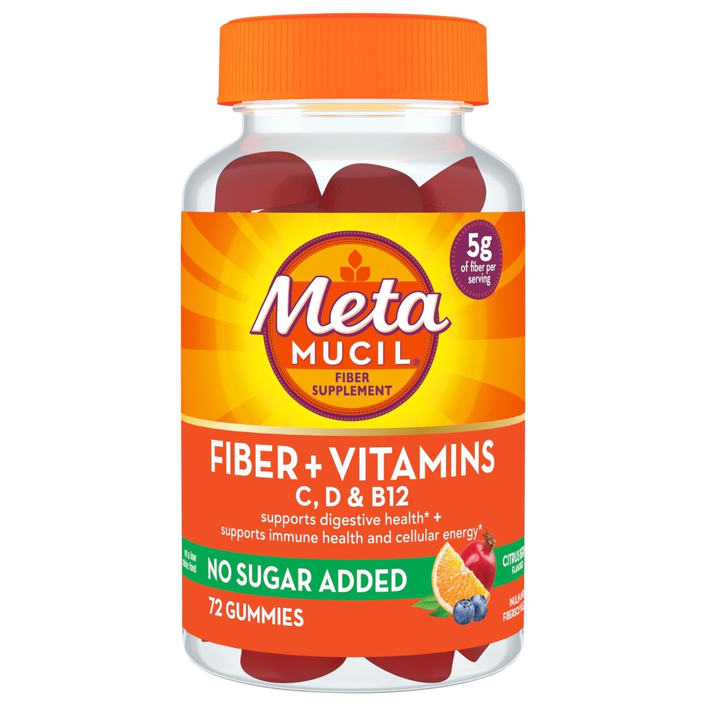 Metamucil 섬유 보충교재 72 Gummies, 섬유 + 비타민 C, D & B12 설탕 추가, 지원 Digestive healt + 지원 면역력, 감귤류 맛.