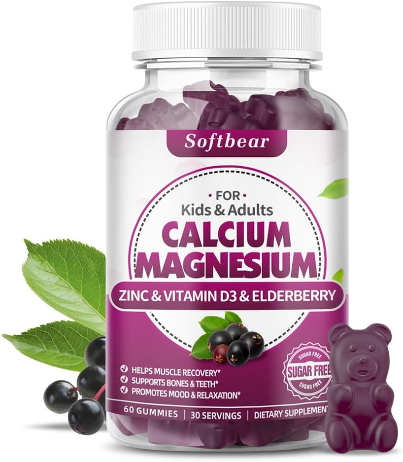 여성을 위한 softbear 칼슘 마그네슘 아연 Gummies, 뼈 힘, 설탕 자유로운, Vegan, Elderberry 풍미 60 Gummies를 위한 높은 흡수 칼슘 마그네슘 보충교재