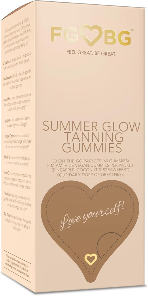 Summer Glow Tanning Gummies - 마이애미 부띠끄 맛 - 파인애플, 코코넛, & Strawberry - Vegan - 글루텐 - 무료 - 자연 성분 - 필수 영양 - 여행 크기 - 30 - 일 공급