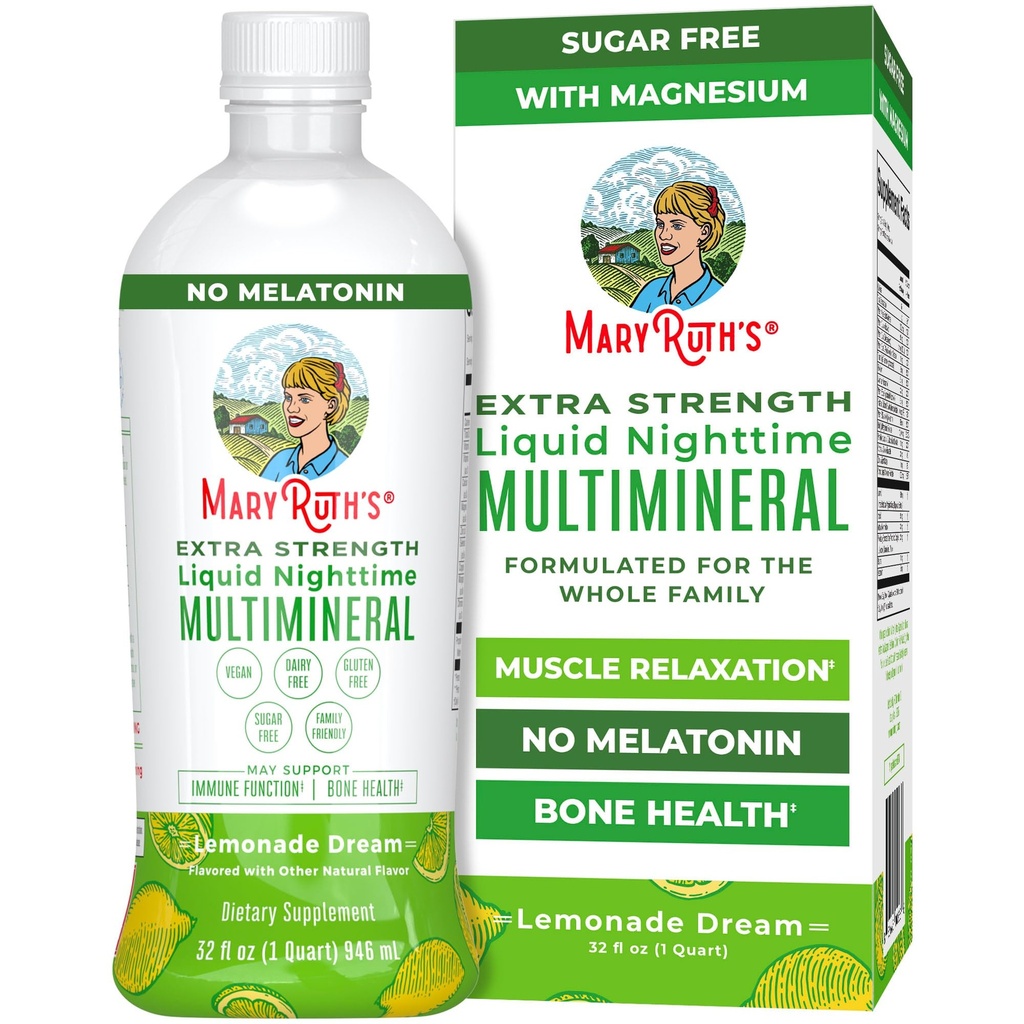 MaryRuth Organics Extra Strength Nighttime Liquid Multimineral | Sugar Free | Calm Magnesium Citrate | NO Melatonin | 칼슘 마그네슘 아연 | 근육 휴식 | 레몬 맛 | Vegan | 32 인