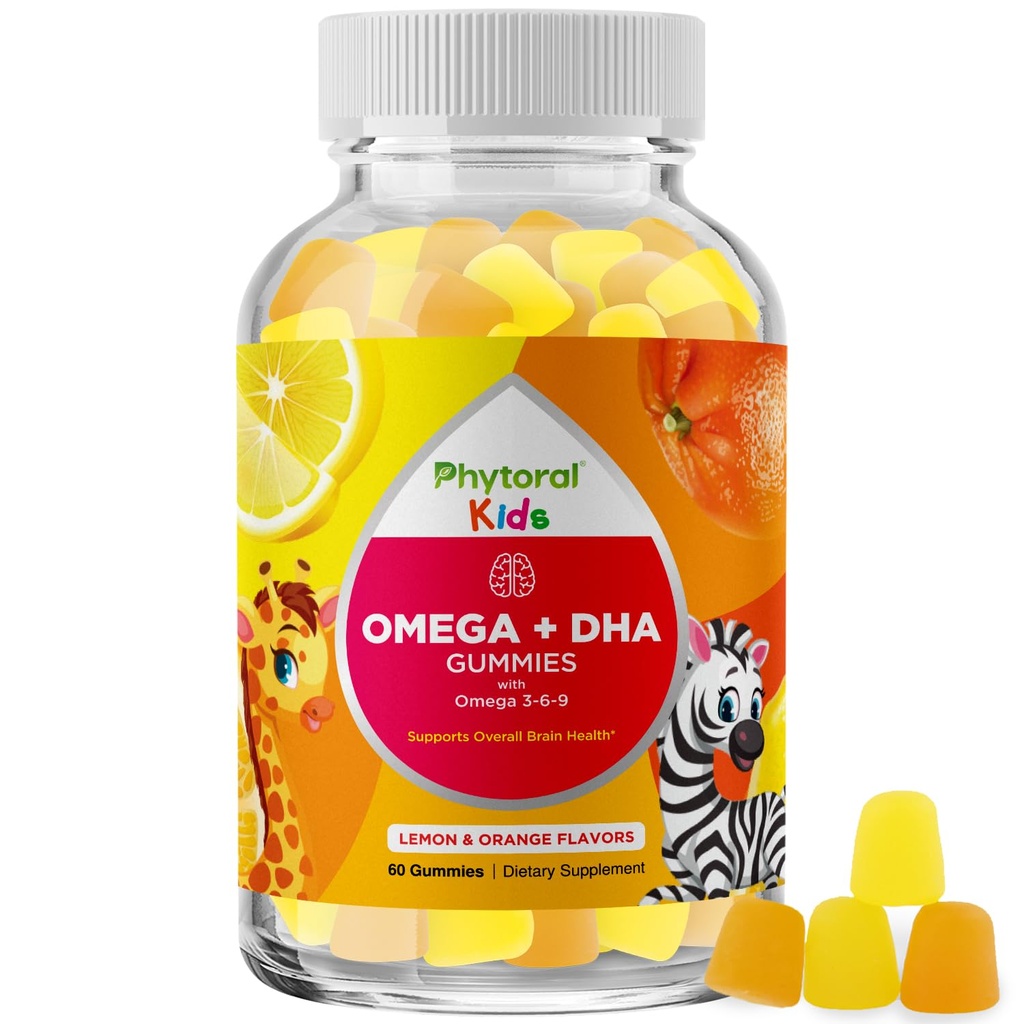 아이 오메가와 DHA Gummies - 지방산 오메가 3 6 9 비전 비타민 C - 건강한 신경 시스템 및 초점 지원을위한 아이를위한 영양 DHA - 물고기 무료 - 60 카운트