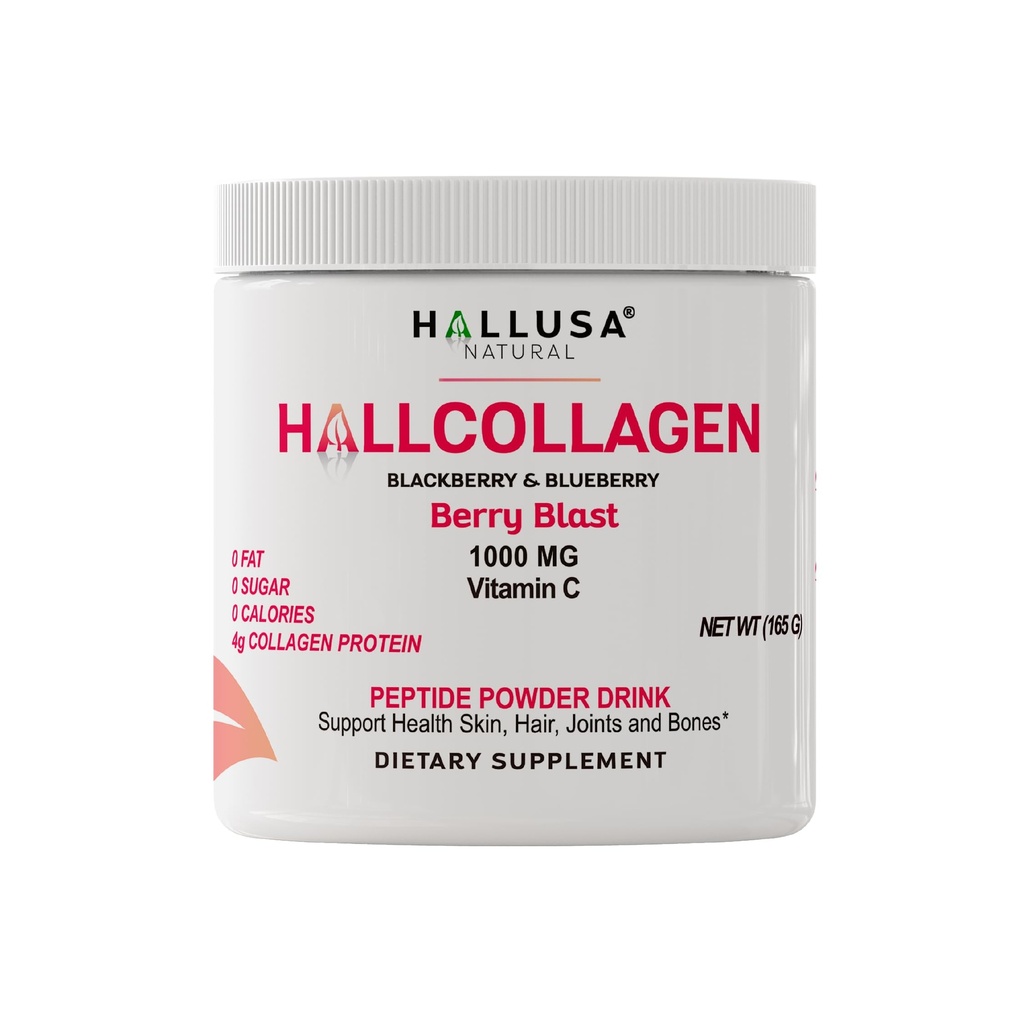 Hallusa Natural Hydrolyzed Collagen Peptides Powder 1000mg with Vitamin C | 블랙 베리 및 블루 베리 맛 | 서빙 당 4g Collagen | 건강한 모발, 피부, 손톱, 뼈 및 관절 지원