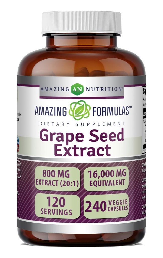 놀라운 수식 포도 씨앗 800 Mg 추출물 (20 : 1) | 16000 Mg Equivalent | Veggie 캡슐 | Non-GMO | 글루텐 프리 | 미국에서 제작 (240 Count)