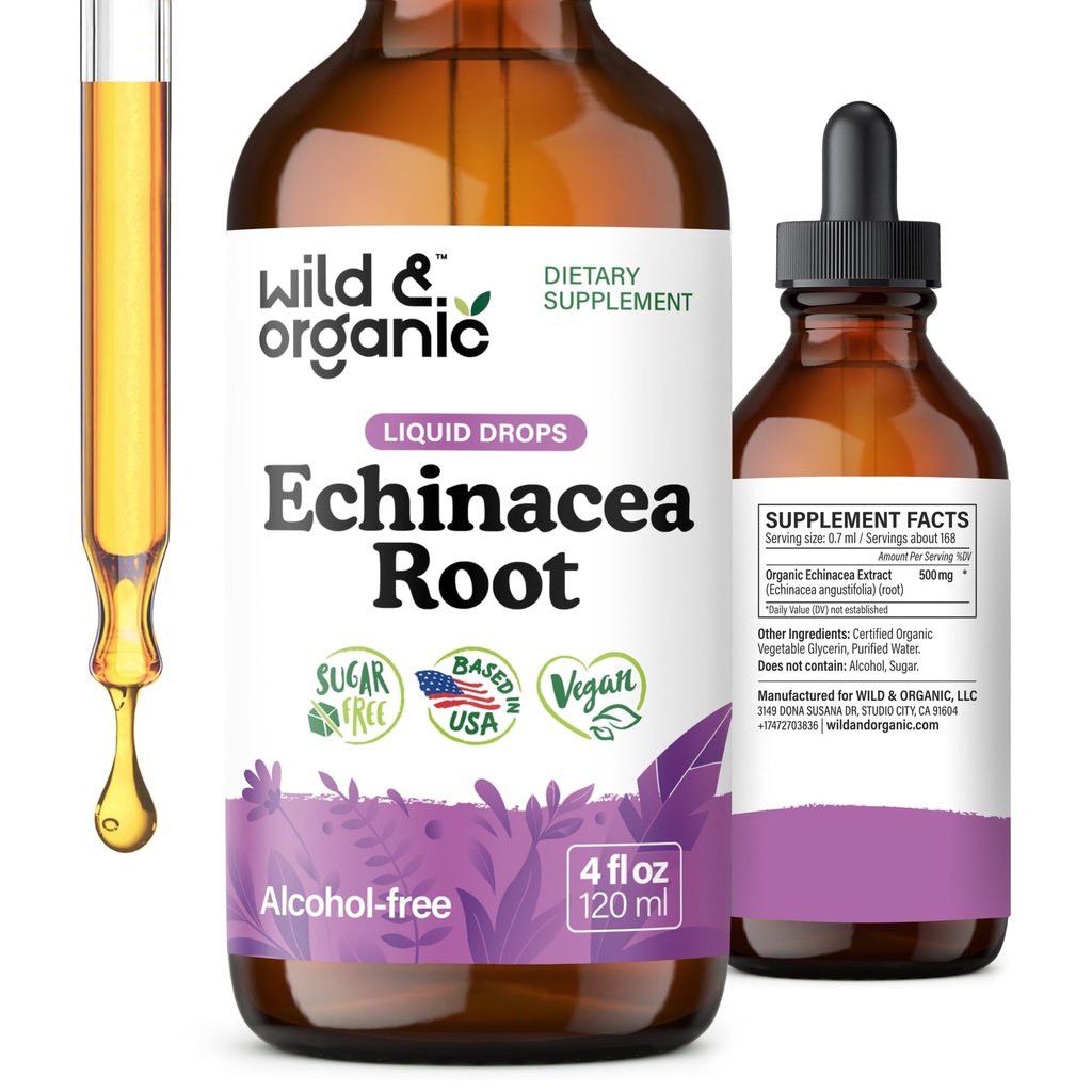 야생 & 유기 Echinacea 드롭 - Echinacea Angustifolia를 가진 면역 지원 보충교재 - 액체 뿌리 추출물 Tincture - 채식주의자, 설탕 & 알콜 자유로운 - 4개 fl oz