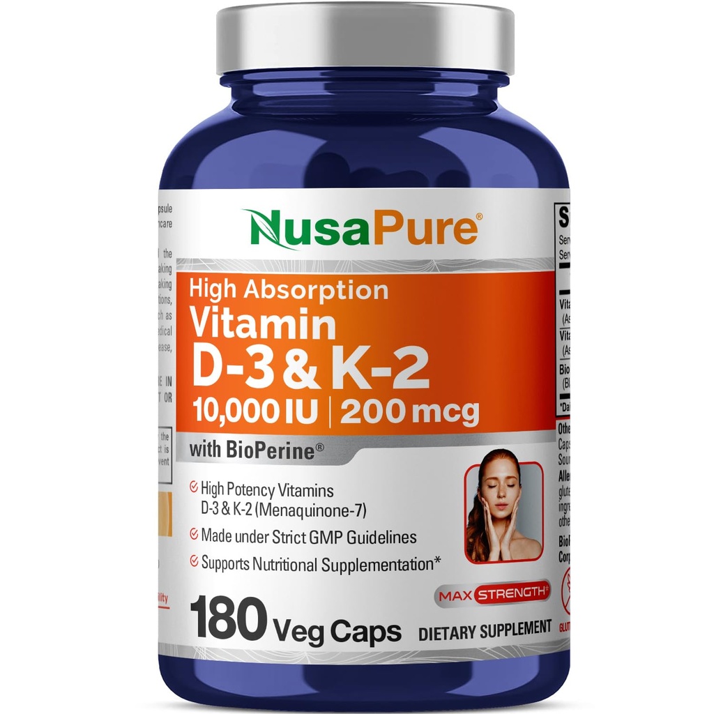 NusaPure 비타민 K2 (MK7) (200mcg) + 비타민 D3 (10000 IU) 180 Veg 모자 - Bioperine, Soyfree, 비 GMO