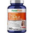 NusaPure 비타민 K2 (MK7) (200mcg) + 비타민 D3 (10000 IU) 180 Veg 모자 - Bioperine, Soyfree, 비 GMO