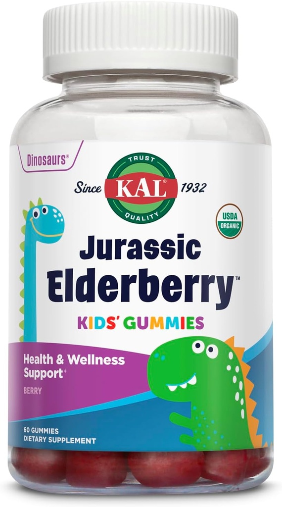 KAL Jurassic Elderberry Kids Gummies | 건강한 면역 지원 | USDA 유기, 비건, 글루텐 무료 | 30 Serv, 60 Ct
