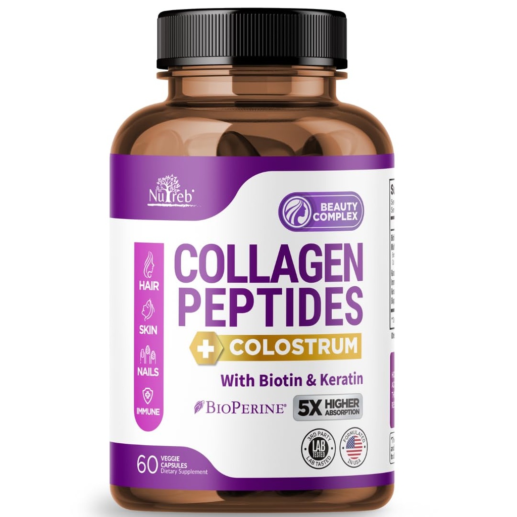 Colostrum, Biotin 및 Keratin을 가진 여자를 위한 교원질 펩티드 - 유형 I, II, III, V, X - 5X 더 높은 흡수 - 머리 피부와 못 비타민 - 여자를 위한 교원질 - 교원질 알약 - 60의 캡슐