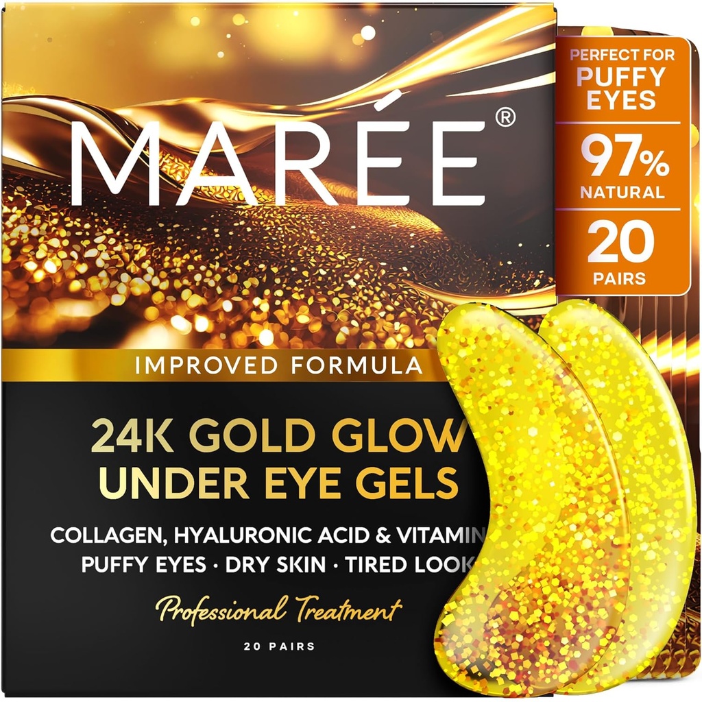 MAREE 24k Gold Under Eye Gel for Dark Circles and Puffiness - Collagen & Hyaluronic Acid Skincare Gel Pads - 퍼피 아이와 다크 서클을위한 골드 아이 패치 - 눈 마스크 아래 - 여행 필수