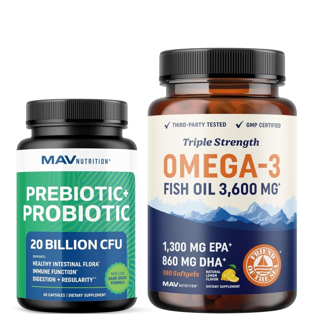 오메가 3 생선 오일 및 프로 바이오 틱 캡슐 | 세겹 힘 EPA & DHA 오메가 3 Burpless Softgels Plus Probiotic & Prebiotics for Gut Health & Immune support | 60 서빙 각