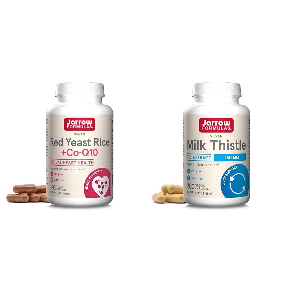 Jarrow 공식 빨간 효모 밥 1200 mg & Co-Q10 100 mg 서빙-120 Veggie Caps-60 서빙 & 심장 건강 채식 & 우유 이틀 30:1 표준 Silymarin 추출물