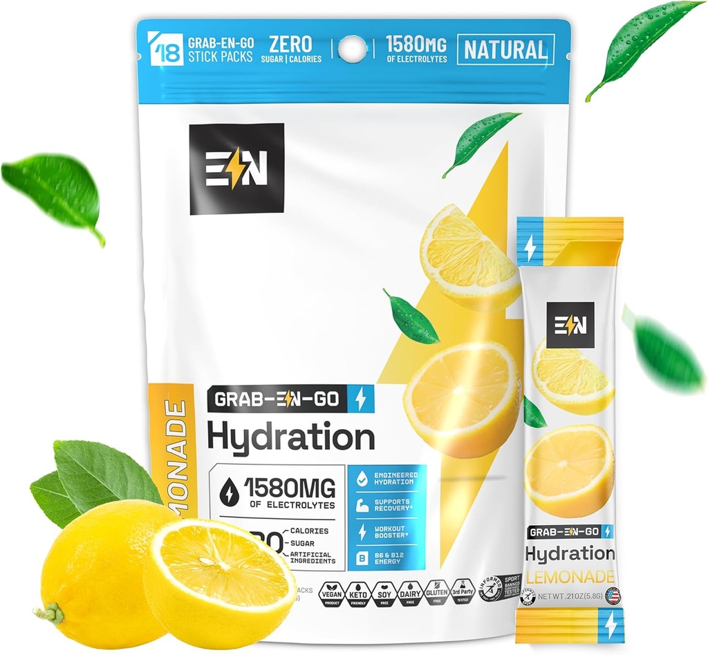 숙련 된 영양 설탕 무료 전해질 분말 패킷 - 레몬 맛 - Keto Hydration Packets w/Magnesium, 칼륨 및 나트륨 - Zero Calorie, Vegan, Non-GMO, 글루텐 - 무료 - 18 단일 서빙