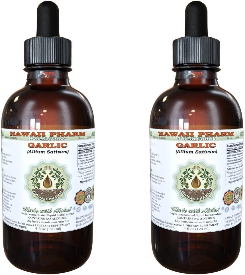 마늘 알콜 자유로운 액체 추출물, 유기 마늘 (Allium sativum) 말린 분말 Glycerite 하와이 Pharm 자연적인 초본 보충교재 2x2 oz