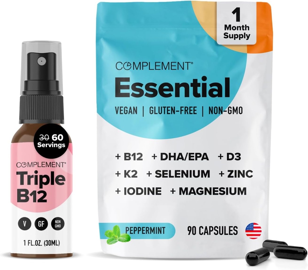 Complement Essential Vegan Multivitamin & Triple B12 Spray Bundle – 식물 기반 다이어트에 대한 종합 영양 지원