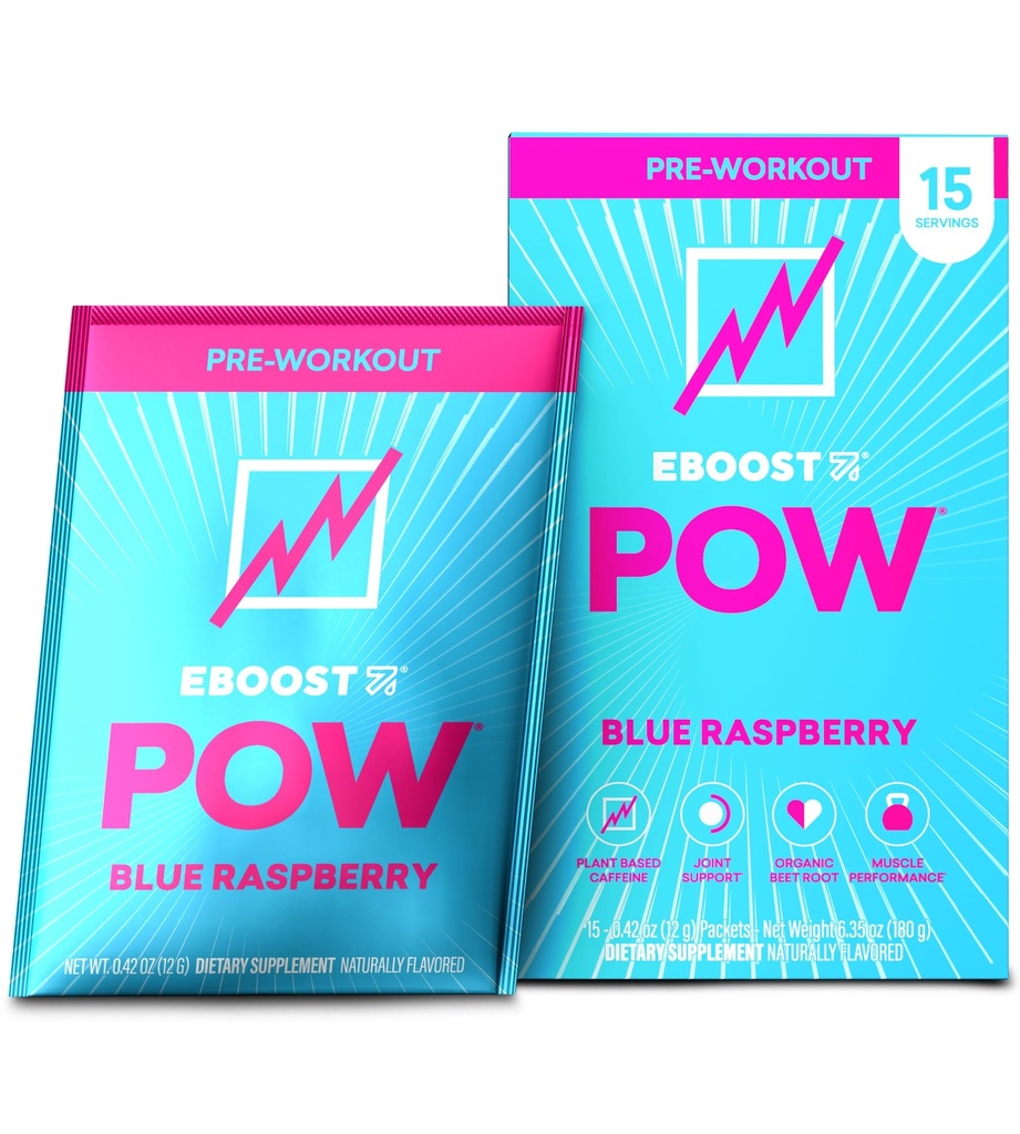 EBOOST POW Natural Pre Workout Powder - 15 Packets, Blue Raspberry - Preworkout Energy Booster Gym Supplement Drink Mix for Men and Women - 공연, 공동 이동성 지원 - 글루텐 프리