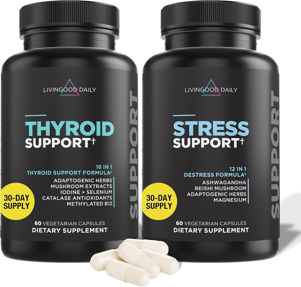 Livingood 매일 Thyroid 지원 번들 - 완전한 Thyroid 보충 플러스 광고 및 Cortisol 지원