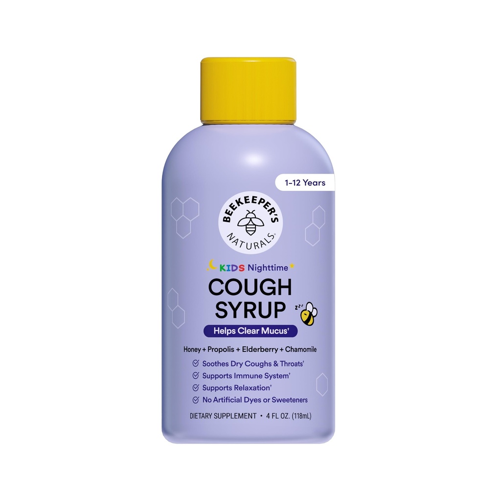 Beekeeper's Naturals Propolis Honey Cough Syrup Nighttime for Kids Immune Support with Propolis, Elderberry & Raw Honey - Chamomile & L-Theanine과 수면 지원 - 글루텐 무료, 4 oz.