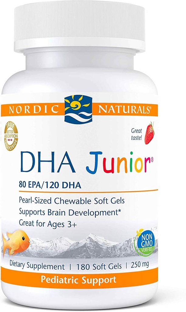 Nordic Naturals Pro DHA Junior, Strawberry - 180 미니 Chewable Soft Gel - 250 mg 총 Omega-3s EPA 및 DHA - 뇌 개발 및 시각 기능 - Non-GMO - 45 서빙