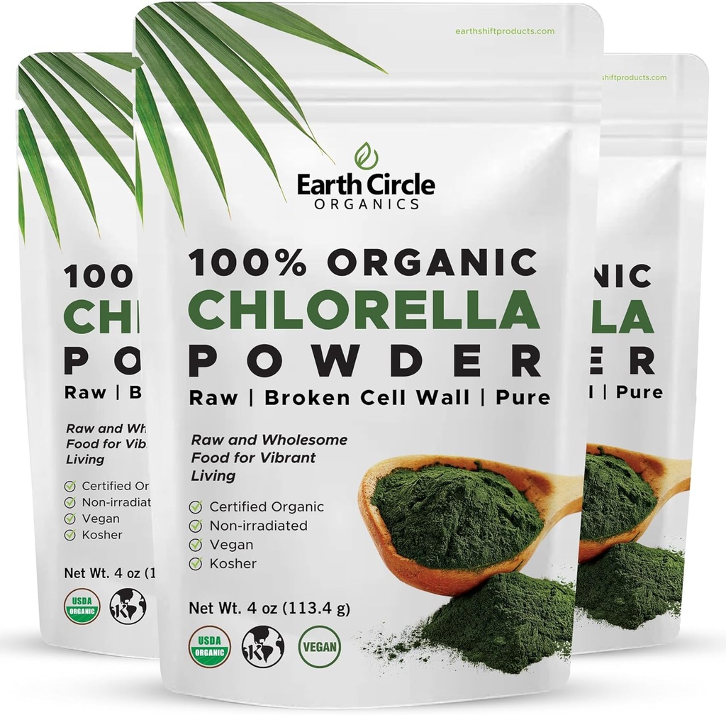 Earth Circle Organic Chlorella Powder Superfood | Kosher | Broken Cell Wall Chlorophyll, Vegan, Super Green Algae, Clean Chlorella, 고 단백질, 섬유 및 아미노산 - 4oz (3 팩)