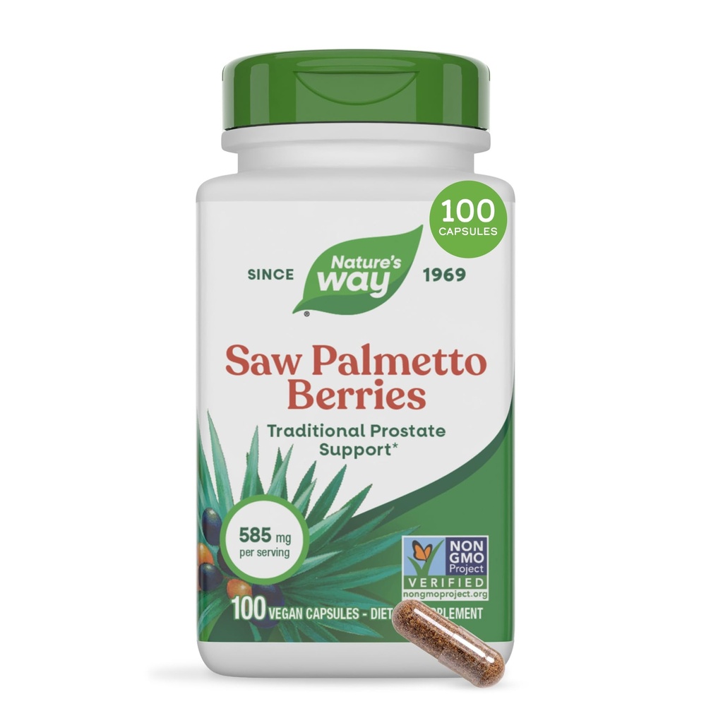 Nature's Way Saw Palmetto Berries, 전통 전립선 지원 *, 서빙 당 585 mg, Non-GMO Project Verified, Vegan, 100 캡슐 (포장 월병)