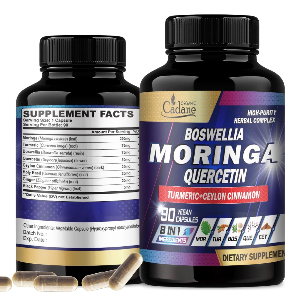 심황, Boswellia, Quercetin, Ceylon Cinnamon, Holy Basil, Ginger 및 Black Pepper가있는 유기 Cadane Moringa 잎 - 8in1 보충제 - 3 개월 공급을위한 90 Veggie 캡슐