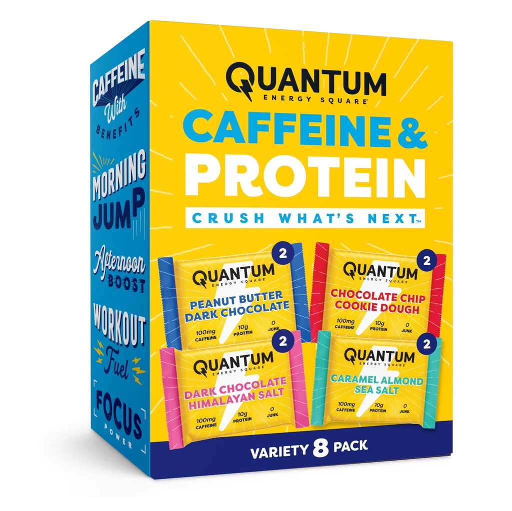 Quantum 에너지 사각: Caffeine & 10g 단백질을 가진 에너지 막대기. 이동에 맛있는 건강한 식사. (Vegan, Gluten-free, Soy-free, Dairy-free) (Variety 8-Pack)
