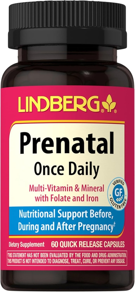 Lindberg Prenatal Vitamins for Women | 60 캡슐 | 철과 엽산의 멀티비타민과 미네랄 | 일일 보충 | 비 GMO, 글루텐 무료