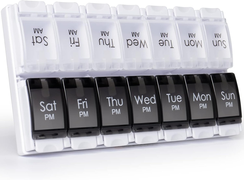 MERICARGO Am Pm Pill 주최자 7 일, 2 배는 일 큰 주간 알약 상자, 비타민, 물고기 기름, 보충교재를 위한 단추 매일 알약 케이스를 밀어넣습니다