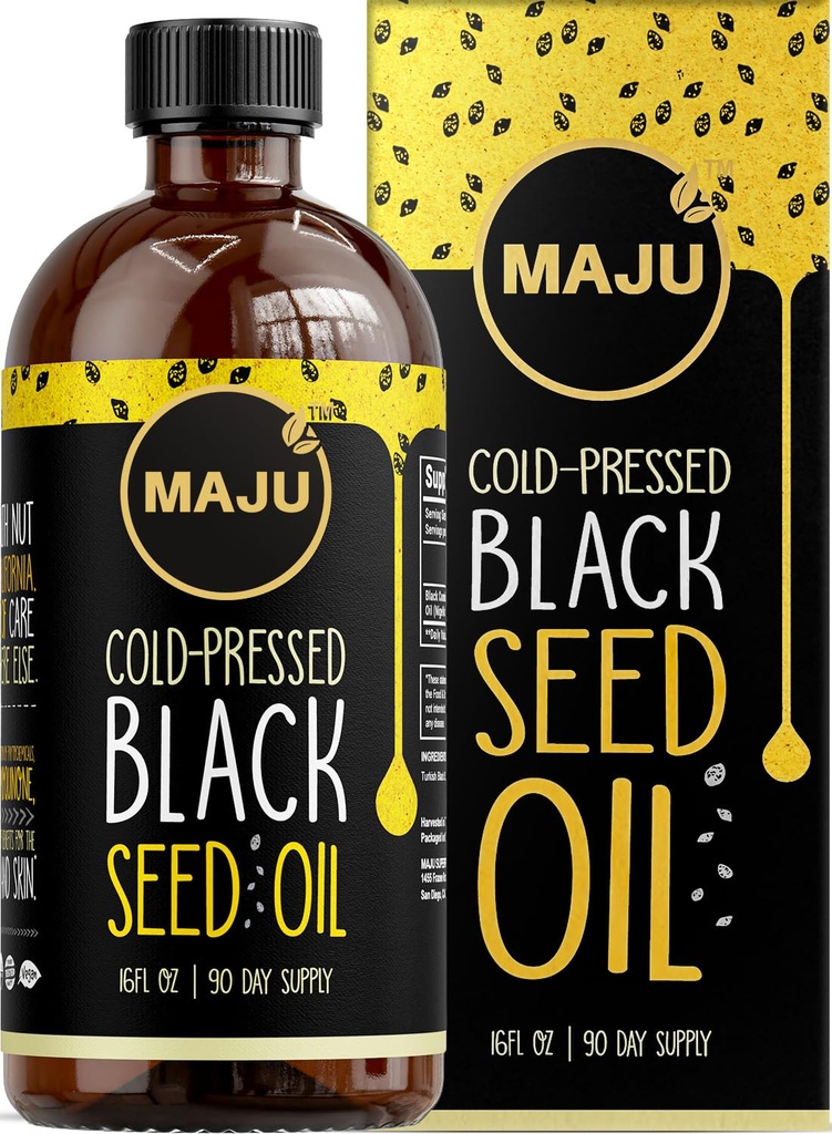 MAJU's Black Seed Oil 16oz : 3X Thymoquinone, Cold Pressed, 100 % 터키 블랙 Cumin Nigella Sativa Seed Oil ( Organic보다 더 나은), Non-GMO, 100 % 액체 순수한 Blackseed Oil, 유리 병