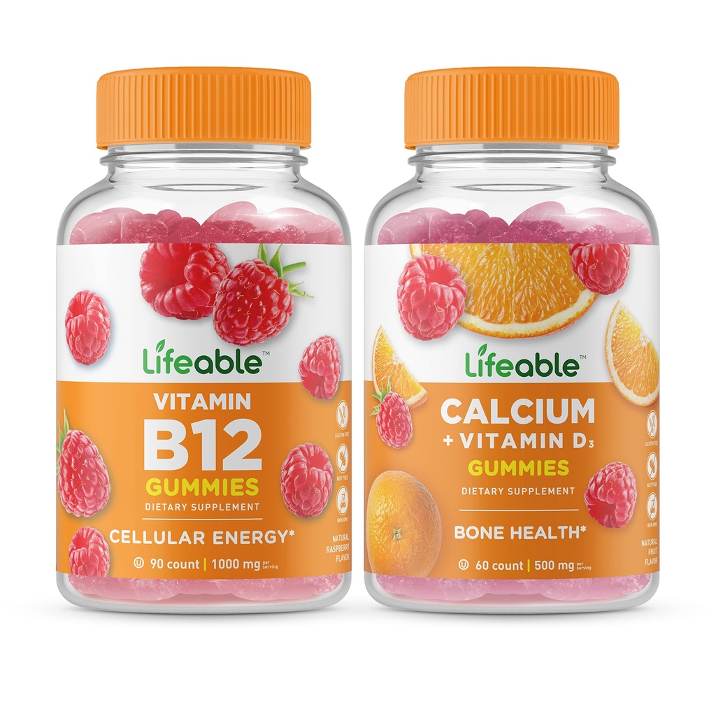 Lifeable 비타민 B12 + 칼슘 비타민 D, Gummies 번들 - 훌륭한 타스팅, 비타민 보충, 글루텐 무료, GMO 무료, Chewable