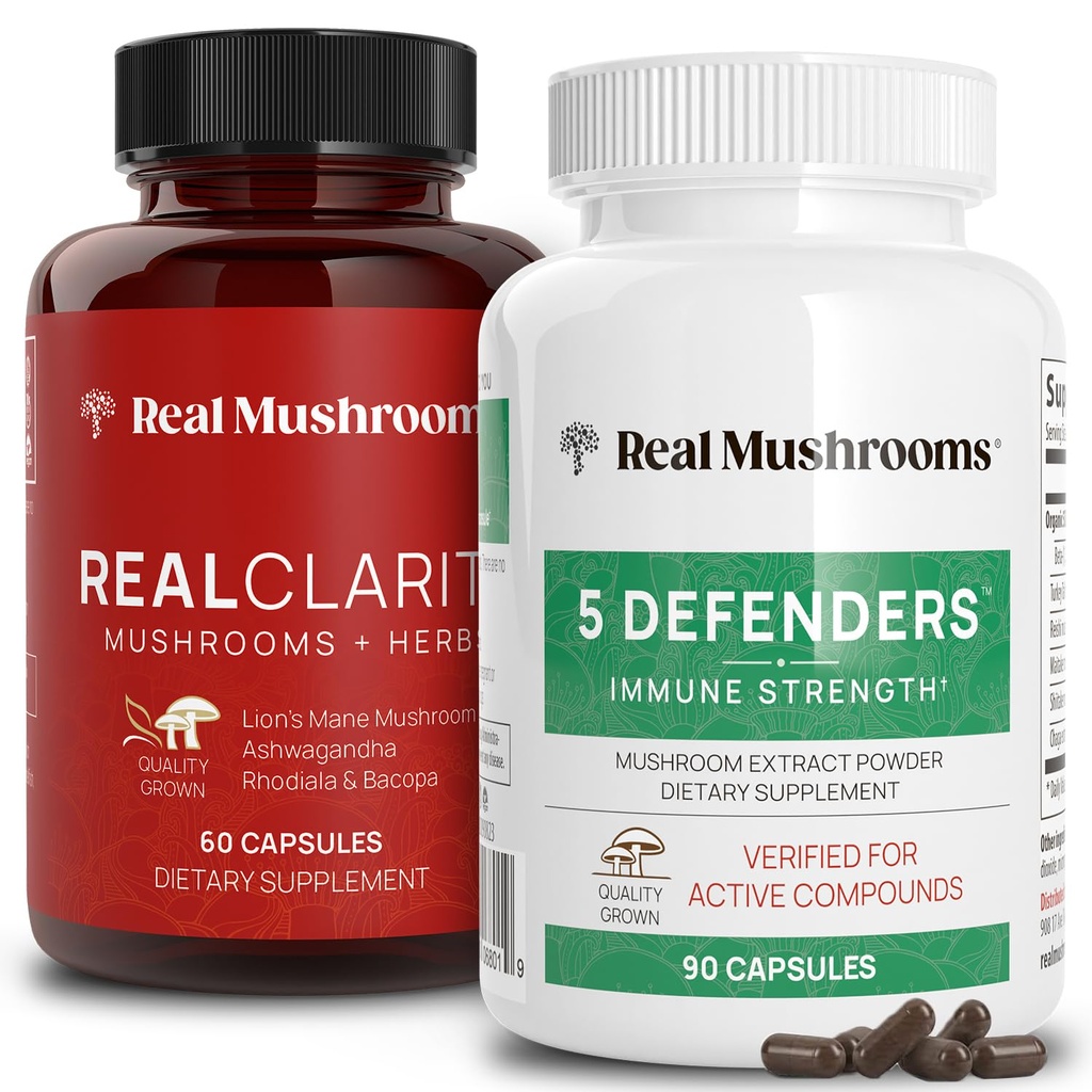Real Mushrooms RealClarity (60ct) 및 5 수비수 (90ct) 캡슐 번들 - Mental Clarity, Focus & Immune Strength - Vegan, Non-GMO, Beta-Glucans의 검증된 수준을위한 버섯 보충