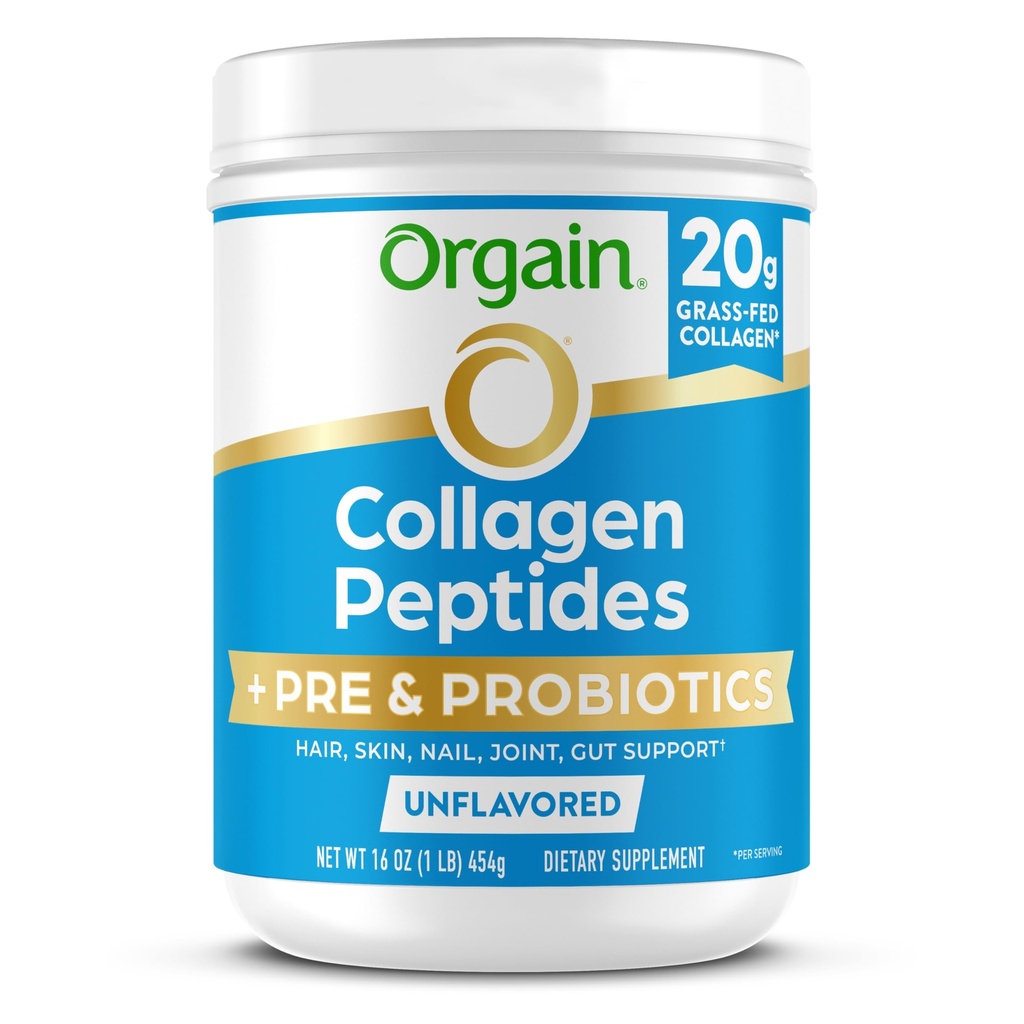 Orgain Hydrolyzed Collagen Peptides + Prebiotic & Probiotics Powder for Women & Men, 20g Grass Fed Collagen, 1 억 CFU - 소화, 머리, 피부 및 관절 건강, 비 GMO, 유형 I & III, 1lb