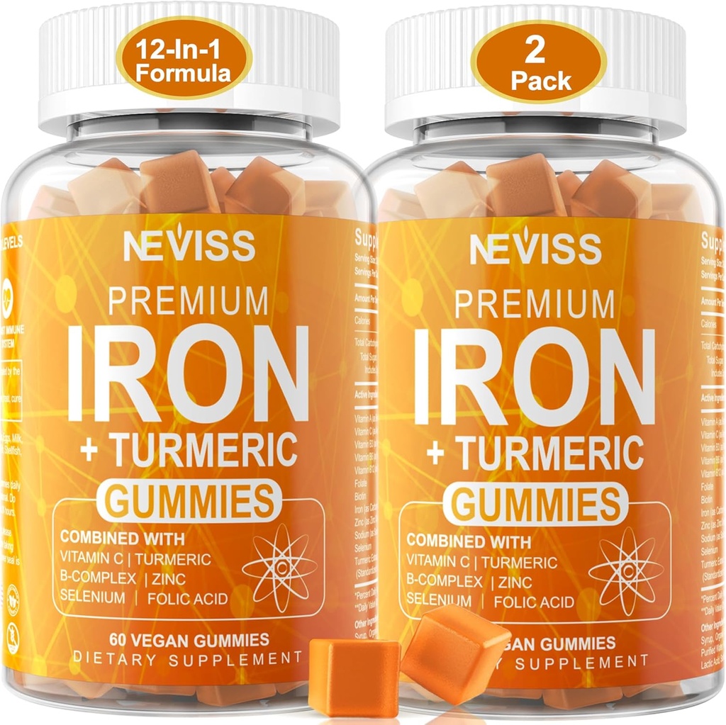 여자 남자를 위한 철 Gummies + Turmeric 600mg, Multivitamins C를 가진 철 보충교재, A, B-Complex, Folate, 철 결핍, 빈혈 및 에너지, Gentle, 비 변비, Chewable, Vegan, 2 팩