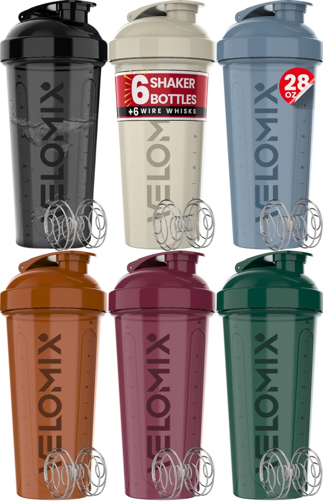 VELOMIX -6 PACK- 28 oz Protein Shaker Bottle for Protein Mix - 6x Wire Whisk | 단백질 쉐이크 용 누출 방지 쉐이커 컵 | 단백질 쉐이커 병 팩 | 단백질 쉐이크 컵 (Earth Tones Collection)