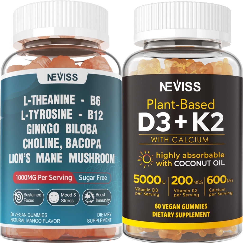 NEVISS 설탕 무료 L-Tyrosine L-Theanine Gummies 120 개 + 설탕 무료 D3 5000IU K2 Gummies 120 개