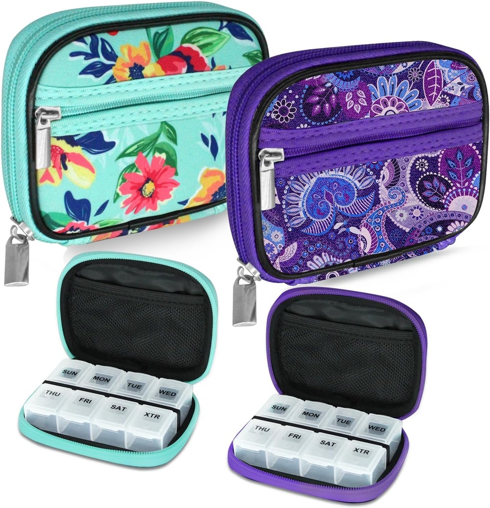 Serfeymi Weekly Travel Pill 주최자 Pill Case for Purse with Removable 7 Day Pill Box, 의학, 비타민, 보충교재를위한 유행 여행 의학 주최자 Pill Container - 녹색 01 + 보라색 01