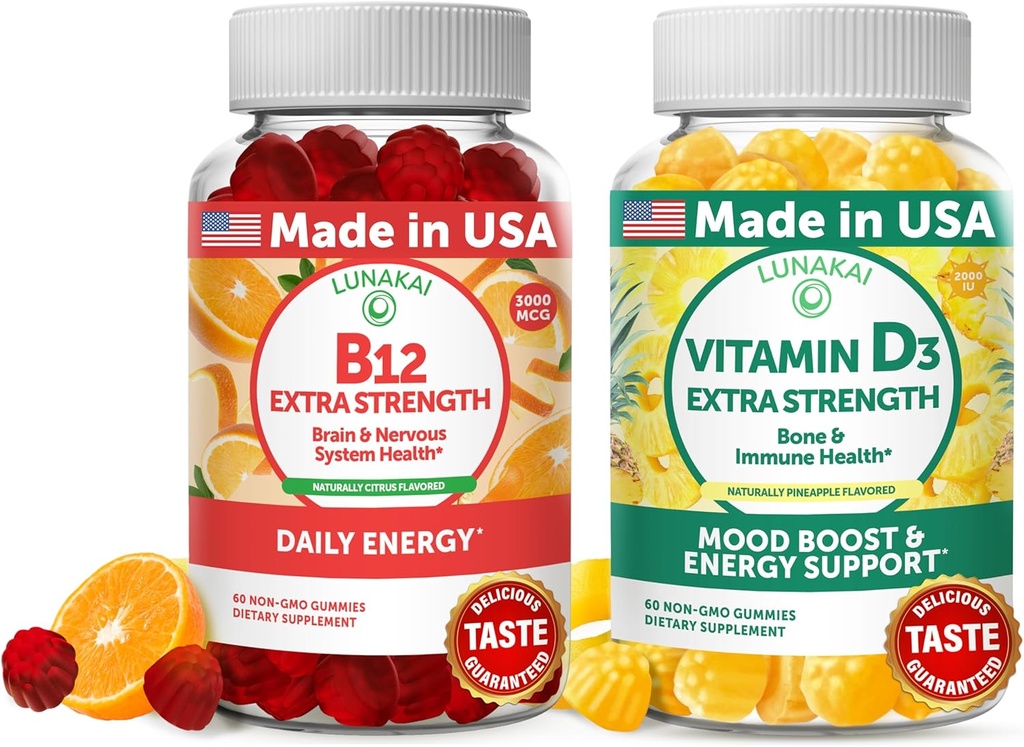 Lunakai 비타민 B12와 비타민 D3 Gummies 뭉치 - 3000 mcg B12와 25 mcg 1000 UI VIT D3 - 글루텐은, 옥수수 시럽 없음, 유기, 비 GMO의 식물 근거한 젤라틴 해방합니다