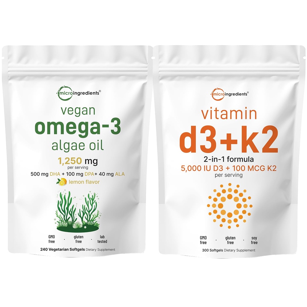 마이크로 성분 비타민 D3 5,000iu + K2 100mcg Softgels & Vegan Omega 3 조류 기름 보충교재 뭉치 2 팩 | 정유 선샤인 비타민 | 오메가-3 가득 차있는 스펙트럼 대안 물고기 기름