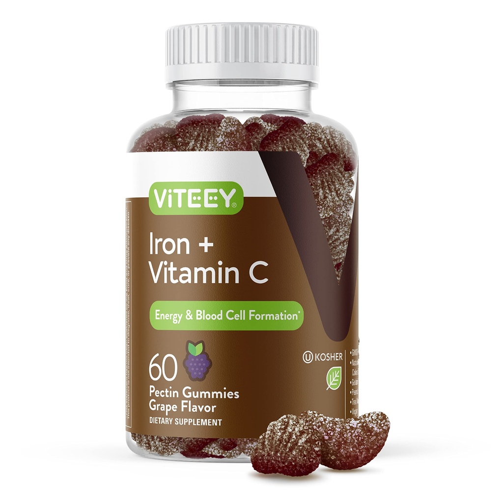 Viteey Iron Gummies - 비타민 C가있는 철 - 에너지, Bood 지원 및 여성 및 남성을위한 Anemia 보충 - Vegan, 글루텐 무료 - 60 개