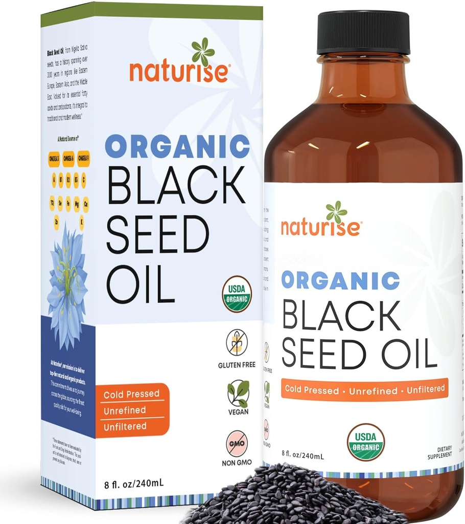 유기 까만씨 기름 (Nigella Sativa, Cumin씨) 찬 압박되는 비 GMO, 정유의 8개 oz 유리병 근원, Omega 3 6 9'