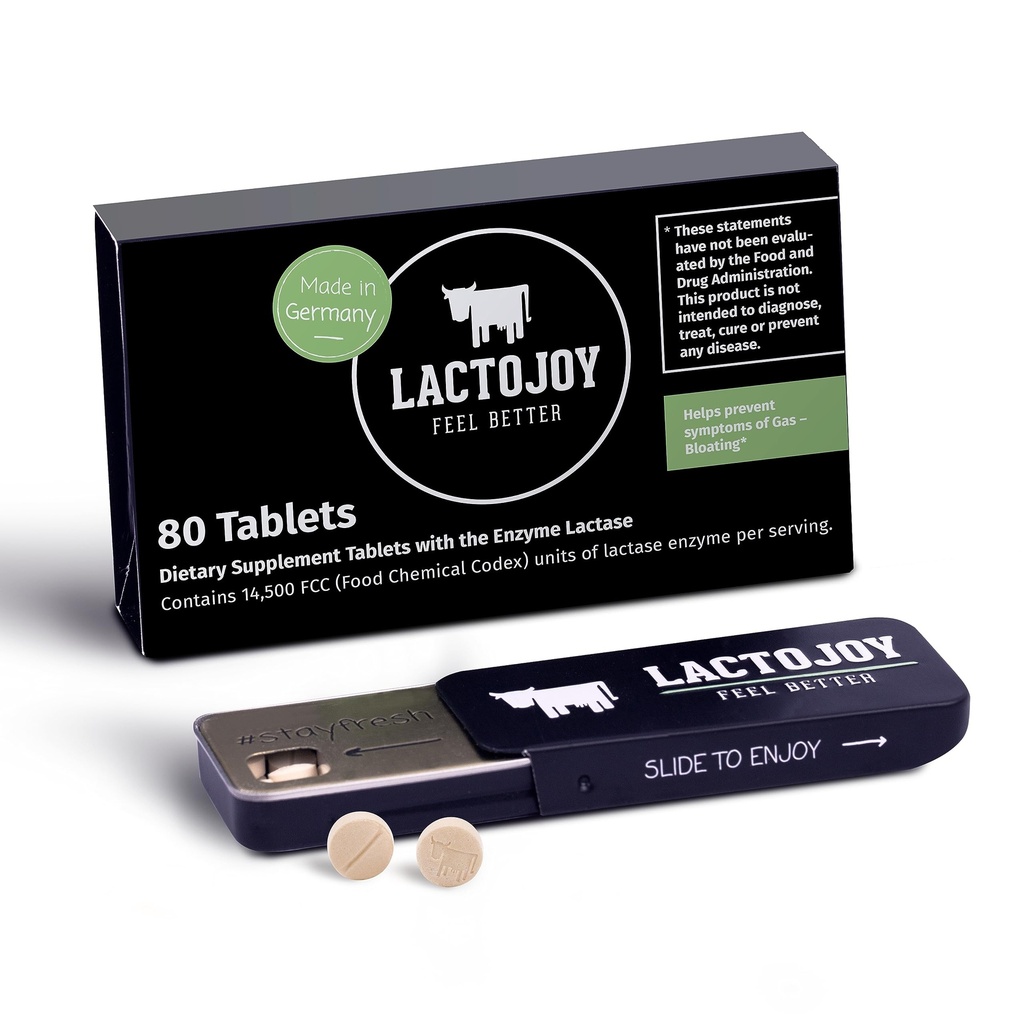LactoJoy Lactase 알약 14,500 I 80 조각 나는 Lactose Intolerance를 위한 강력한 Lactase 효소 I 매우 순수한 Lactase 개량한 Digestion I를 위한 실리콘 이산화물 없음, 인공적인 풍미 없음, Sucralose 없음