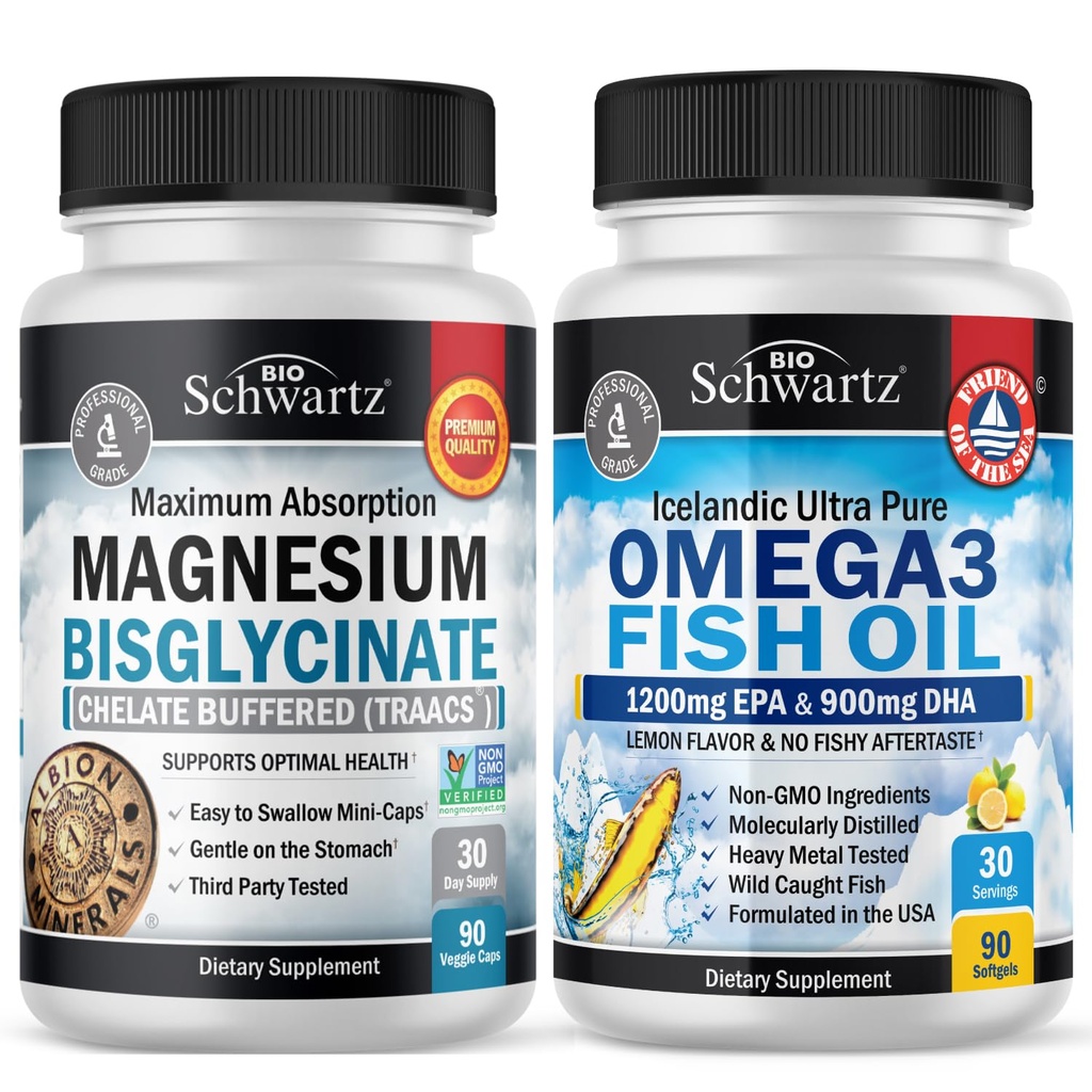 마그네슘 Bisglycinate 180 조사 + Omega 3 물고기 기름 90 조사 뭉치