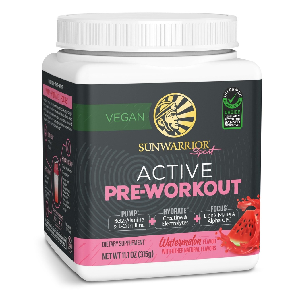 Sunwarrior Pre 운동 분말 에너지 음료 | Vegan Plant-Based Supplement | 펌프, 히드라, 초점, 내구시간, & 강도 빌더 | 수박 맛 30 인분 | Active Preworkout