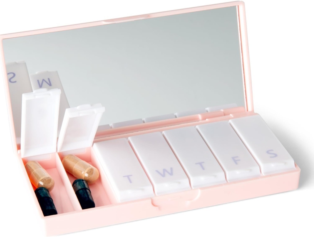 PORT X POLISH Designer Weekly Pill Box 주최자 (Single 1X Daily, Blush Pink) | 컴팩트하고 세련된 7 일 비타민 보충 케이스 | 귀여운 휴대용 미니 여행 의학 캐리어 | BPA-Free Pillbox Caddy