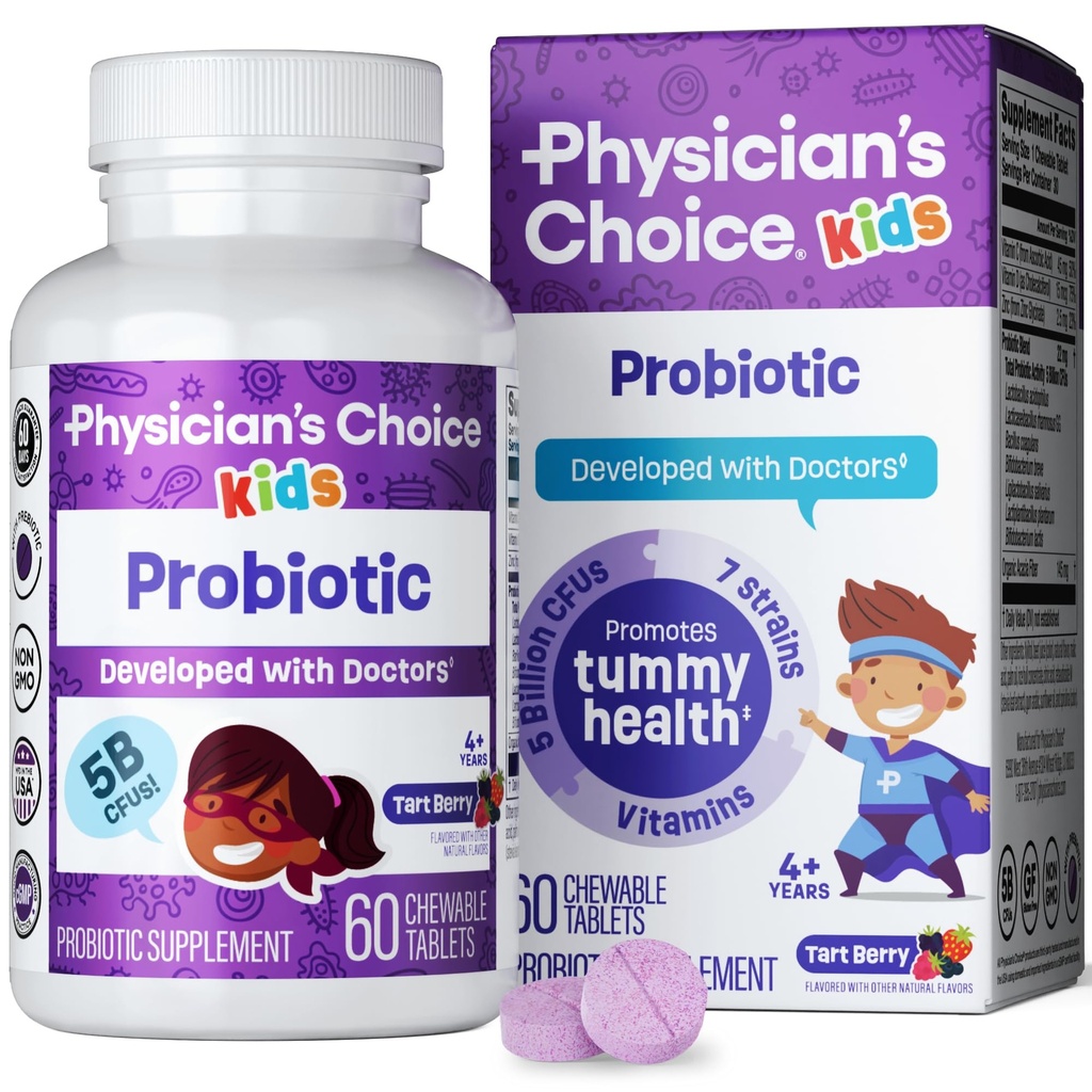 Physician 's CHOICE Probiotics for Kids - 7 Diverse Strains, Organic Prebiotics, 비타민 및 미네랄 - 임상적으로 Studied L. Rhamnosus - 면역 및 소화 지원 - 설탕이나 인공 염료 없음 - 60ct