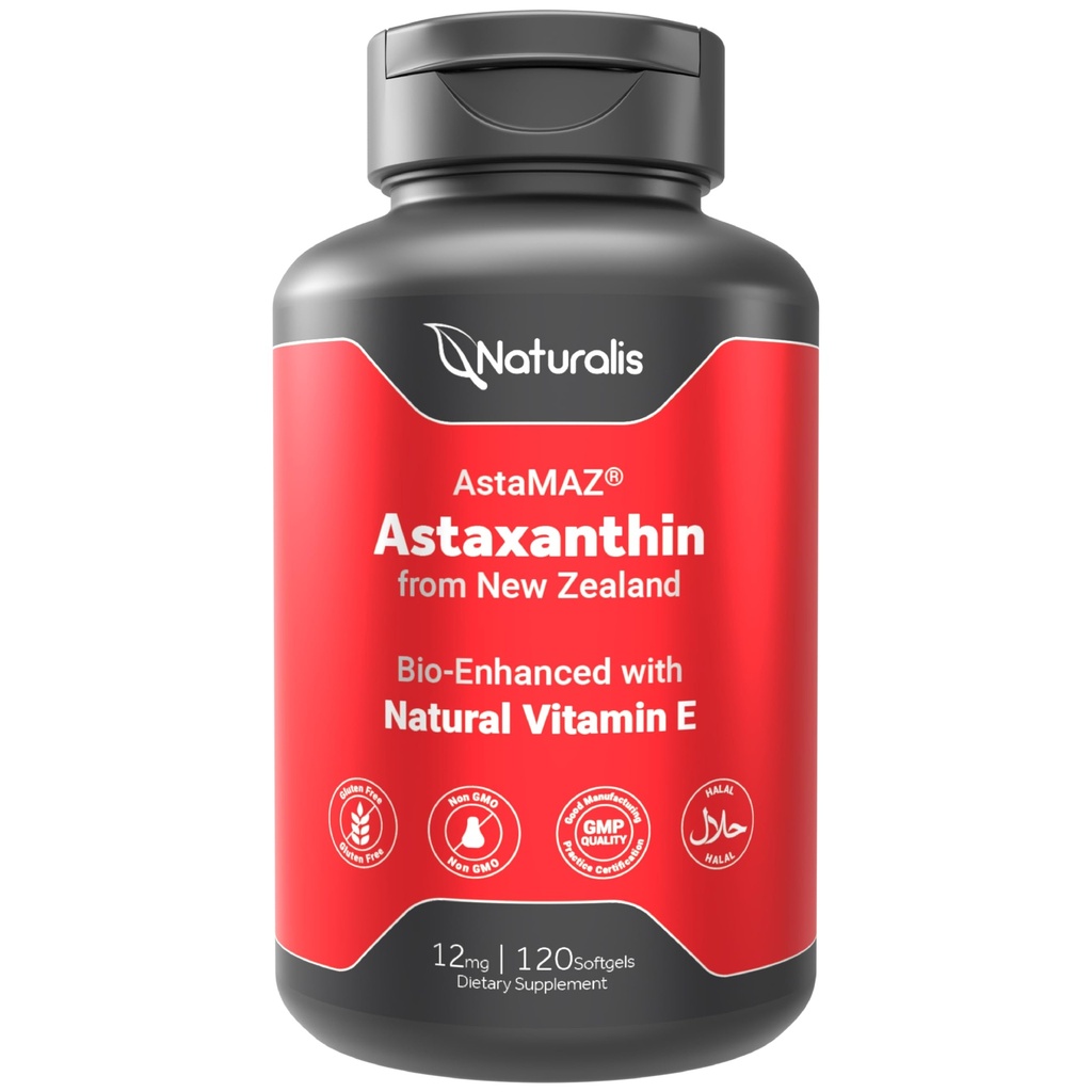 Naturalis New Zealand Astaxanthin (12mg) | 천연 비타민 E 강화 | Non-GMO, Soy & Gluten Free | 120 Softgels (4 개월 공급)