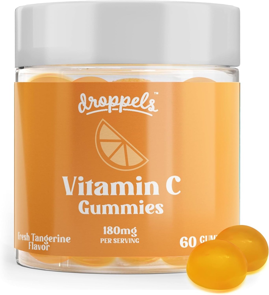 Droppels 비타민 C Gummies, 180mg - Vegan, Pectin Plant 기반 면역 지원 부스터 보충 - Tangerine 풍미, 60 카운트 (1 개월 공급)