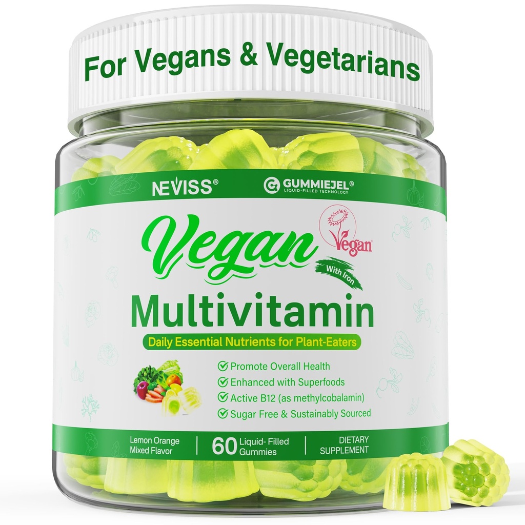 여성 및 남성용 NEVISS Vegan Multivitamin W/Methyl B12, D3 K2, 플랜트 기반 오메가 3 (DHA+EPA), 철, 콜린, 아연, 채식 및 채식, 설탕 무료, 60Cts